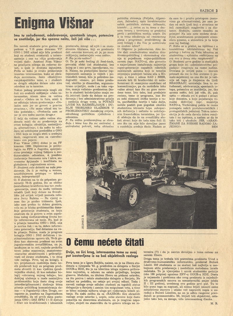 Intervju s Franom Višnarom u Razboru – asketsko grafičko oblikovanje ne treba vas čuditi, te su novine, kao niskotiražno izdanje, otisnute u staroj Vjesnikovoj tiskari, s olovnim slogom! Nedugo nakon toga ti su prastari strojevi otpisani 📷 Foto: Jelenko Bantić