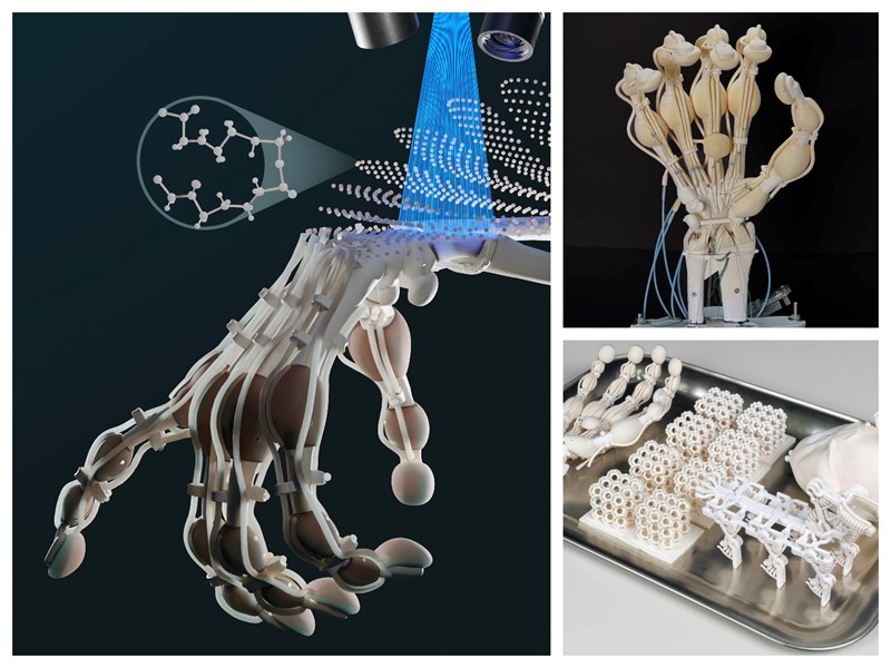 Koristeći novu tehnologiju, istraživači s ETH u Zürichu uspjeli su u jednom potezu ispisati robotsku ruku s kostima, ligamentima i tetivama izrađenima od različitih polimera 📷 MIT