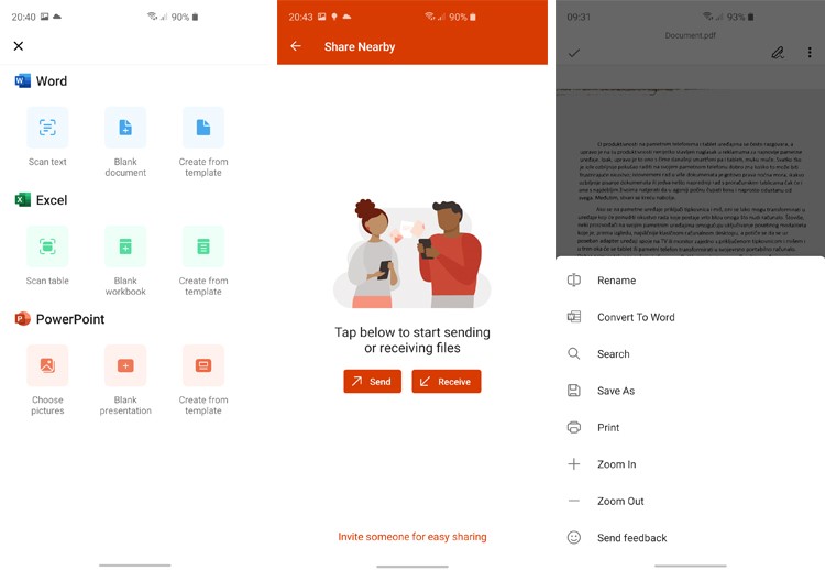 Word, Excel i PowerPoint okosnica su unificirane inačice Officea za mobilne uređaje i zapravo će zamijeniti dosadašnje individualne aplikacije no mobilna inačica ima i neke specifične mogućnosti kao što je dijeljenje datoteka čime je omogućeno dijeljenje između računala i mobilnog uređaja (maksimalna veličina datoteke je 10 MB), ali i između mobilnih uređaja koji se nalaze u blizini kao i Konverzija dokumenata u PDF-u u Wordove dokumente...