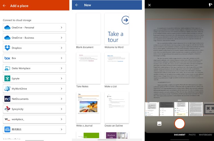 Uz lokalnu pohranu, do dokumenata je moguće dolaziti koristeći i druge oblačne servise za pohranu datoteka, a zgodno je i to što su tu predlošci kao i integracija Lensa čime se dobivaju praktične mogućnosti kao što je skeniranje dokumenata s podrškom za OCR (radi i za hrvatski jezik)