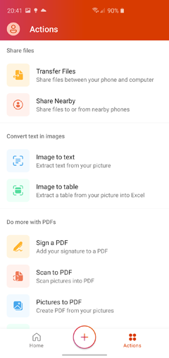 Pod stavkom Akcije pronaći će se čitav niz zanimljivih stvarčica, a osim što je moguće prenositi datoteke, tu je i mogućnost rada s dokumentima u PDF-u, kao i ugrađeno skeniranje