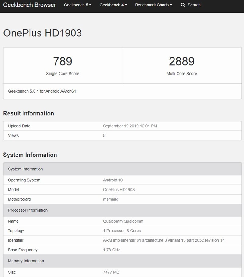 Geekbench 5 - OnePlus 7T