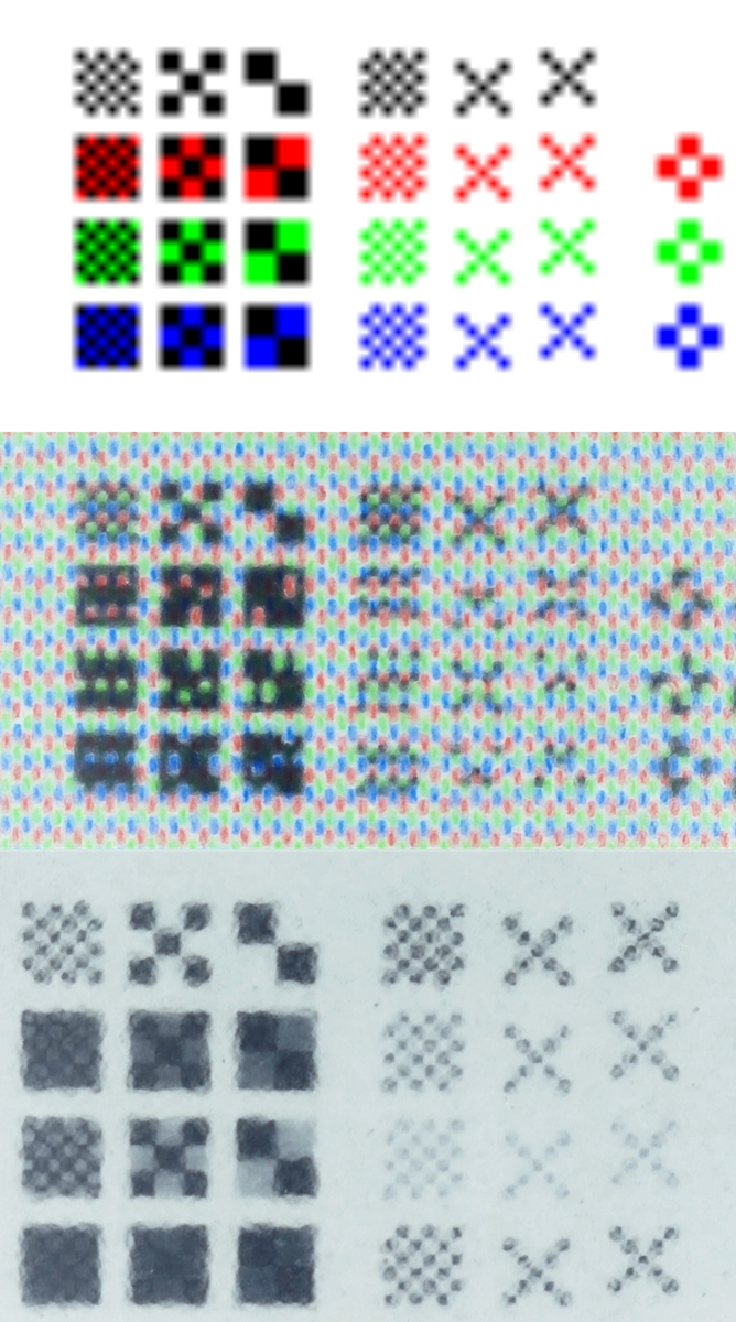 Zumirane šahovnice - vidljivo je kako se Kaleido Plus (u sredini) muči s prikazom šahovnica i x-eva u boji, i tu vam je odmah jasno zašto je gustoća prikaza za boju deklarirana na 100 ppi, umjesto 300 ppi za crno-bijeli prikaz. Crno-bijeli ekran Carta sve je to jako lijepo odradio, jer ne mora se mučiti s preskakanjem potpiksela kao Kaleido, no tu se već nazire grubost, zrnatost stakla, pa grafički elementi izgledaju malo “zamuljani”. Kad objektiv mikroskopa fokusiramo još malčice bliže površini, zrnatost stakla postaje još očitija