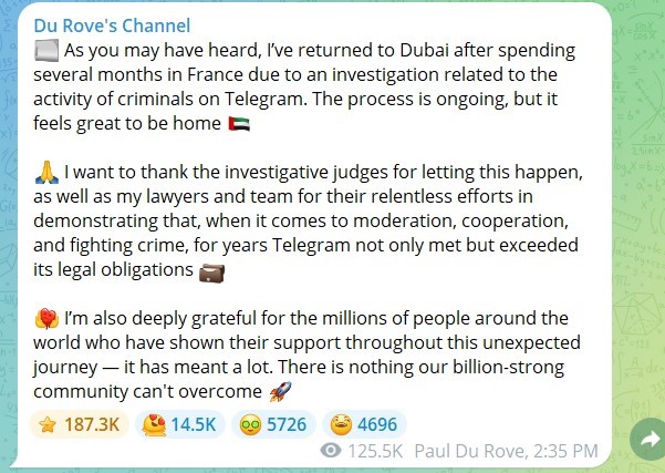 Durovljeva poruka na Telegramu