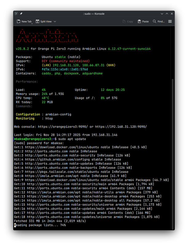 Mnogi linuxaši za nadogradnju sustava i aplikacija preferiraju terminal, a nekad je to i nužno, kao u ovom slučaju, gdje je na Orange Pi Zero3 instaliran Armbian bez grafičkog korisničkog sučelja, temeljen na Ubuntuu