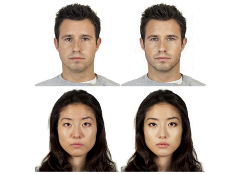 Uzorci slika lica korištenih u našem istraživanju prije i nakon primjene filtera ljepote koji mijenjaju ton kože, oči i trepavice, nos, bradu, jagodice i usne kako bi osoba izgledala što privlačnije  📷 Gulati, Martínez-Garcia, Fernández, Lozano, Lepri i Oliver