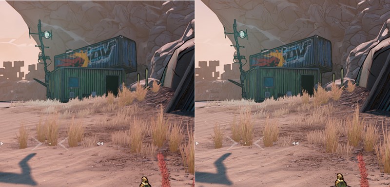 Lijeva polovica slike prikazuje grafiku kada je FidelityFX isključen, a desna kada je uključen