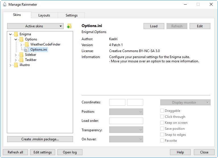 Upravljanje dostupnim skinovima, kao i njihova aktivacija, odradit će se preko konfiguracijskog prozora koji će se otvoriti tako da se klikne na prepoznatljivu Rainmeterovu ikonu i zatim na opciju Manage…