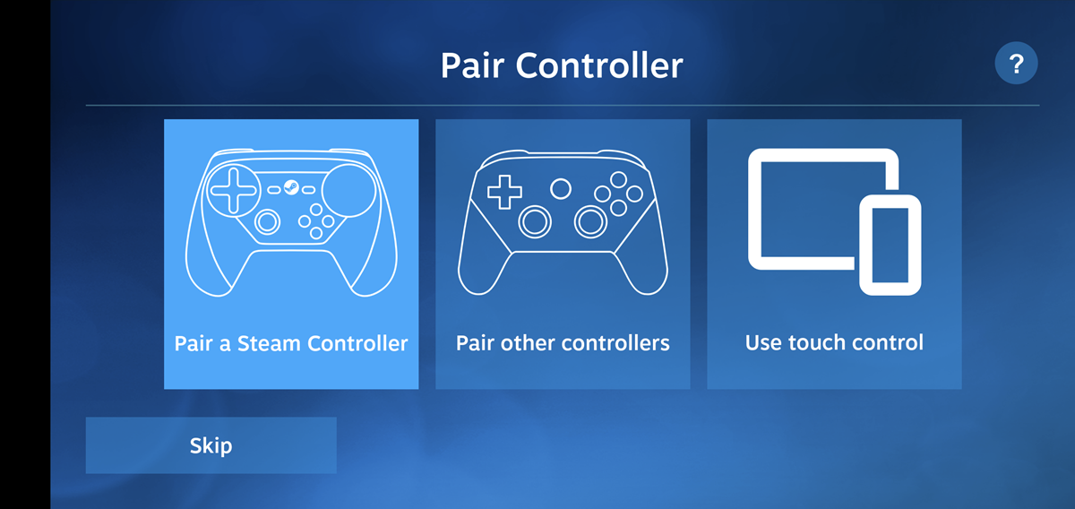 Odmah nakon pokretanja aplikacija, prvo će se ponuditi uparivanje sa Steamovim ili nekim drugim kompatibilnim kontrolerom. Taj je korak moguće preskočiti, ili se odmah odlučiti za korištenje kontrola koje će biti prikazane na zaslonu.