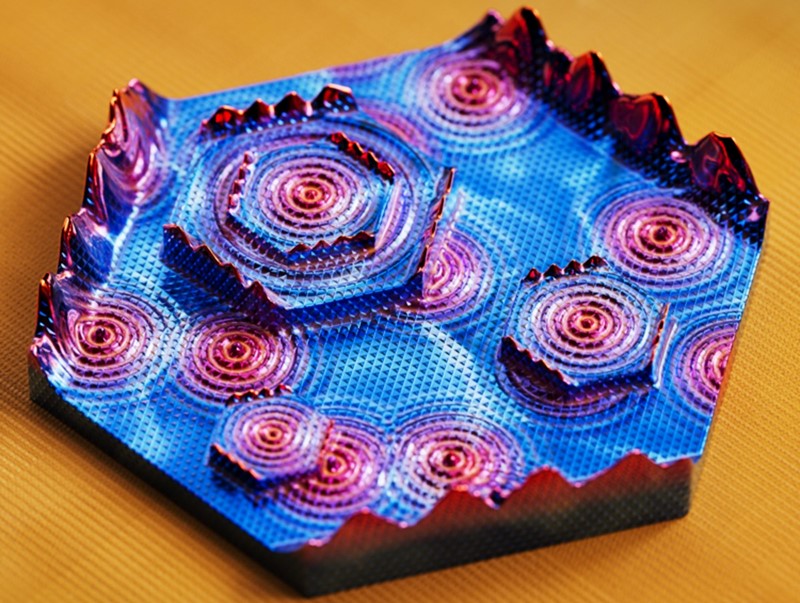 Prikaz vizualizacije podataka kvantnih stanja elektrona na površini i rubu sivog arsenovog kristala dobivenog pomoću STM pretražnog mikroskopa s tuneliranjem 📷 Princeton University