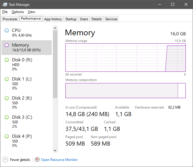 Osnovne, a važne informacije o memoriji možete saznati i preko Task Managera, u kartici Performance, kad je s lijeve strane odabrano Memory