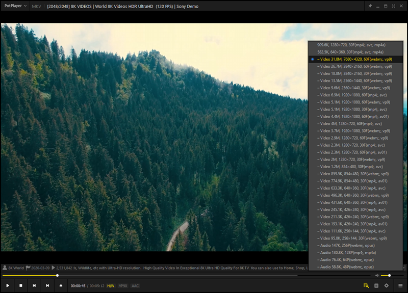 Kad već Chrome ili Firefox neće, PotPlayer hoće – popularni web-preglednici na našem su se stolnom računalu gušili pokušavajući reproducirati 8K video pri 60 sličica u sekundi s YouTubea, no PotPlayer je bez zastajkivanja reproducirao isti taj video, izravno s YouTubea, zahvaljujući iskorištavanju hardverskog dekodera naše grafičke kartice GTX 1660 za kodek VP9, koji je videodekoder opteretio s oko 75%