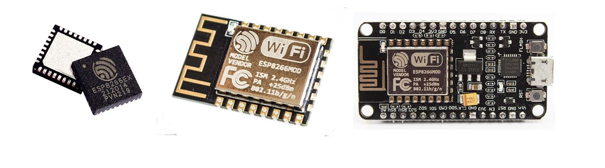 Od čipa do pločice: 1) SoC ESP8266, 2) modul ESP8266MOD, 3) razvojna ploča NodeMCU