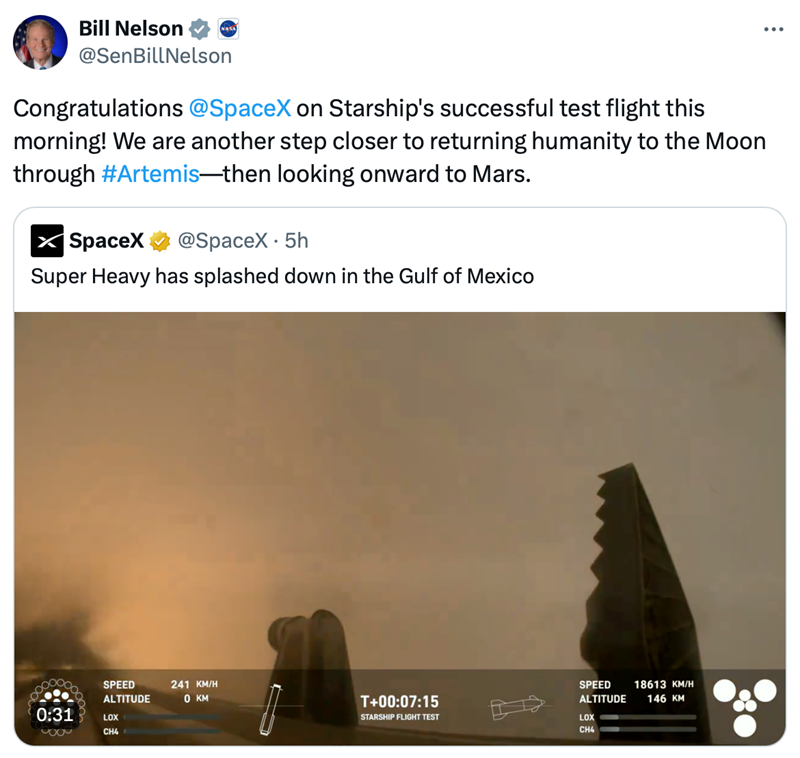 Administrator NASA-e, senator Bill Nelson čestitao je ekipi Spacex-a