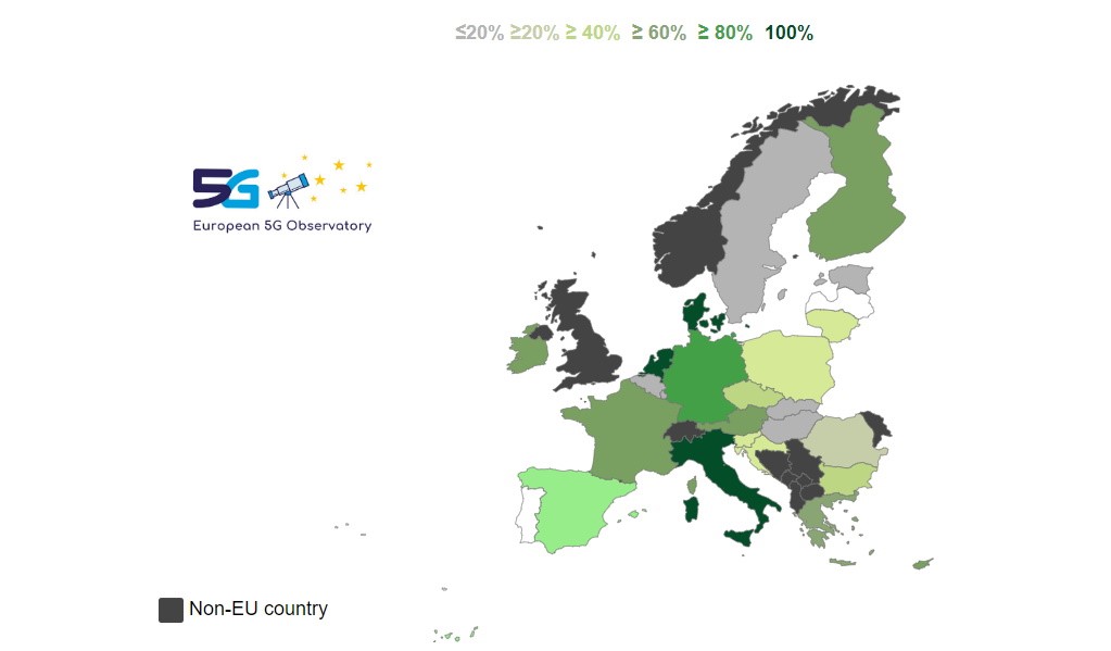 Pokrivenost 5G signalom u zemljama članicama EU-27, tamnija zelena boja veća pokrivenost, izvor: 5G Observatory