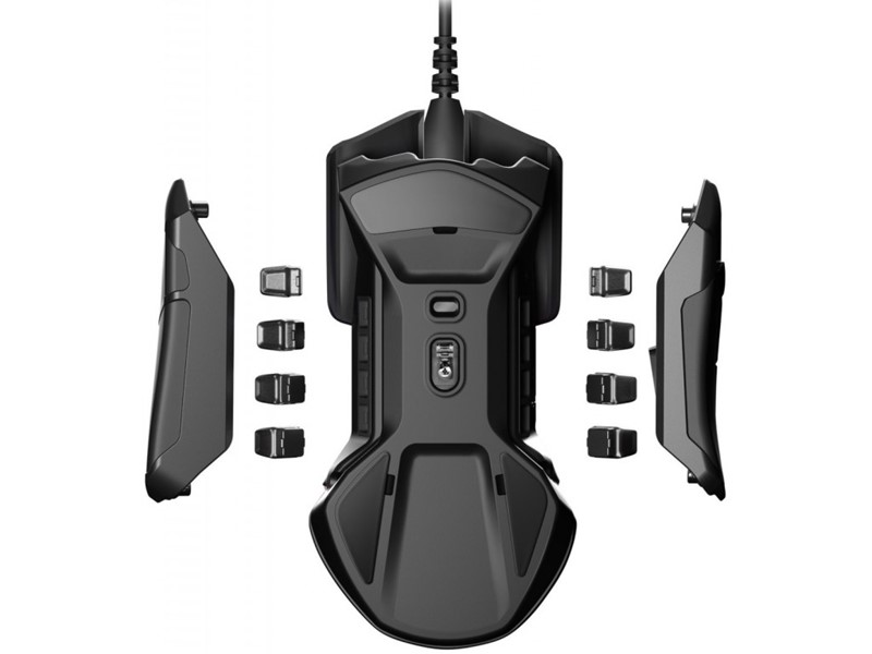 Magnetski povezane bočne stranice skrivaju prostor za utege pomoću kojih prilagođavamo masu i balans miša