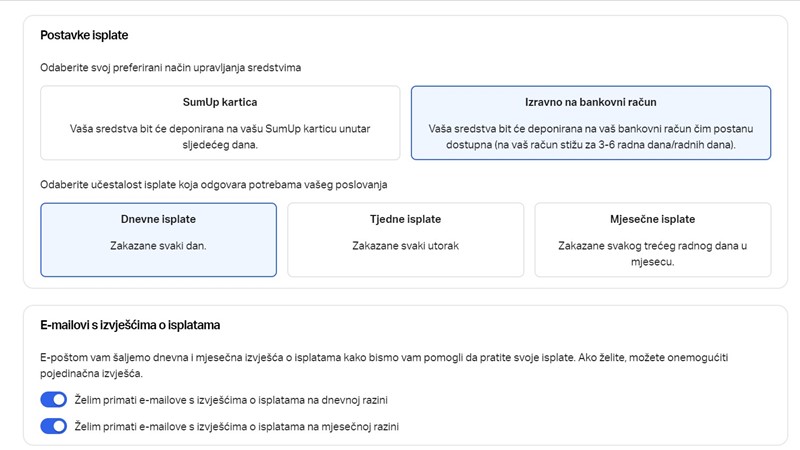 U sučelju je moguće odabrati ne samo dinamiku isplata sredstava već i da li će novac ići izravno na naš bankovni račun ili na SumUpovu Mastercard karticu