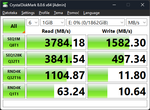 CrystalDiskMarkom izmjerene brzine čitanja očekivane su i respektabilne te odgovaraju onome što se u praksi može dobiti od 40-gigabitnih USB kućišta. Međutim, brzine zapisivanja postignute na našem računalu gotovo da možete zanemariti, jer uzrok osjetno nižim performansama nije TerraMasterovo kućište, nego USB4 tuneliranje specifično za naše računalo. Na vašem bi računalu, uz odgovarajući NVMe SSD, performanse zapisivanja trebale biti znatno bolje