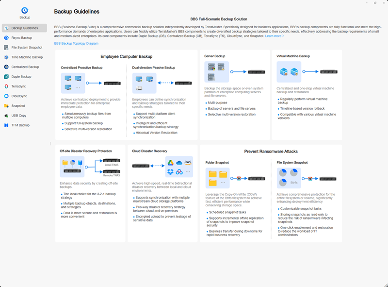 Sekcija "Backup" sadrži brojne opcije za zaštitu podataka