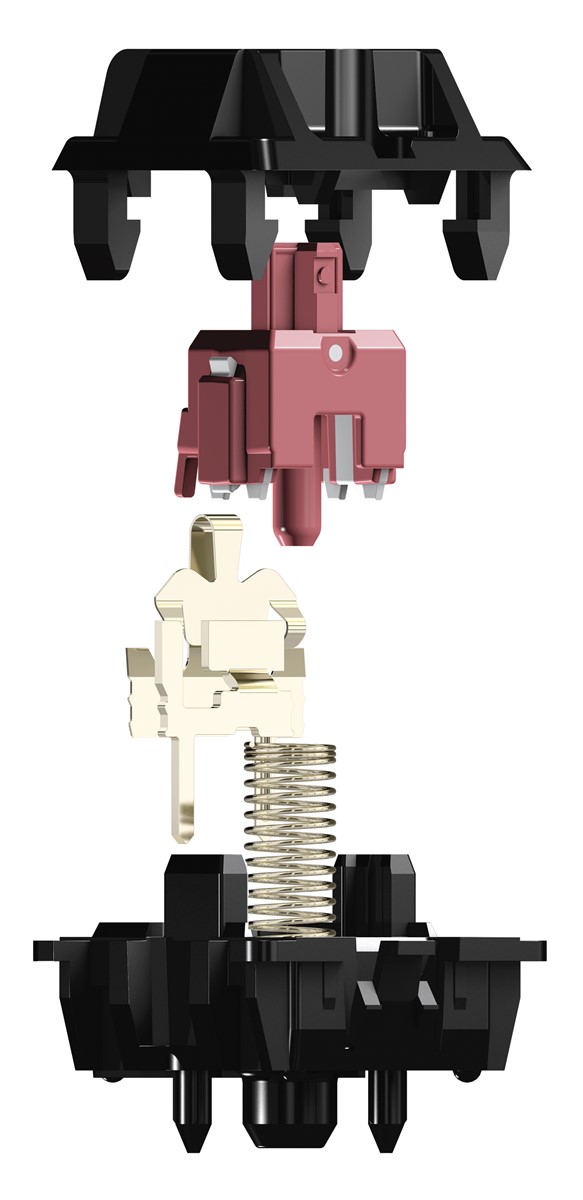 Ovako izgleda Silent (tiha) varijanta Cherryjeva MX prekidača – glavna razlika u odnosu na obični je siva gumenasta struktura integrirana u pokretni crveni dio prekidača, koja ublažava “udarce” u plastično kućište prekidača i prilikom pritiskanja i prilikom otpuštanja tipke