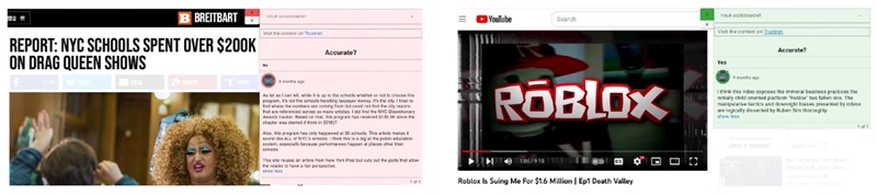 Odlazne veze na YouTube video na stranici prikazane su s ikonom kvačice, označenom plavim strelicama, što pokazuje da su procjenitelji video ocijenili kao točan 📷 Farnaz Jahanbakhsh, David R. Karger