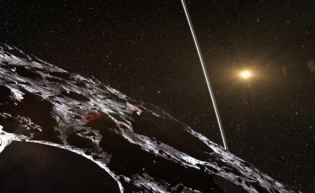 Umjetnički prikaz asteroida i prstenova 📷 ESO/L. Calçada/Nick Risinger (skysurvey.org)