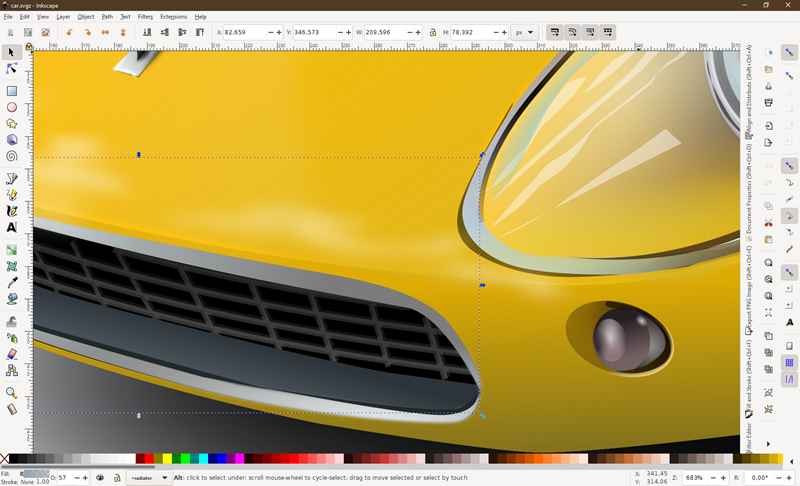 Zumirani detalj automobila s otvorne slike izrađenog u Inkscapeu – ni dalje se ne vide individualni pikseli, nego samo krivulje, s obzirom na to da je riječ o vektorskoj ilustraciji