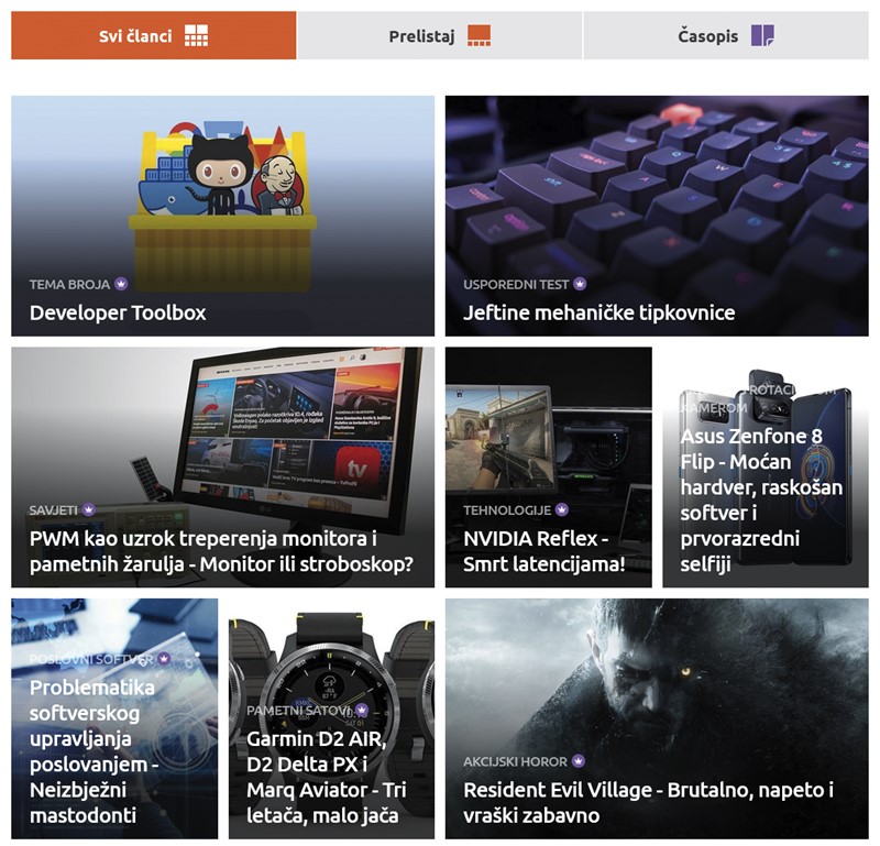 Svi članci - osnovna je stranica s prikazom svih tema, veće su naglašene najavom sa slikom, a ostale su grupirane po rubrikama. Klik vodi na tekst u web-obliku, a onima s premium statusom (imaju uz naslov ikonu ljubičaste krune) mogu pristupati samo pretplatnici