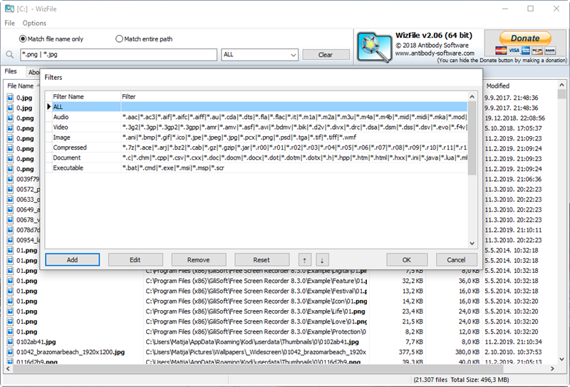 Konfiguracija je prilično rudimentarna no moguće je uređivati ili dodavati gotove filtre za pretraživanje (kategorije koje okupljaju različite tipove datoteka)