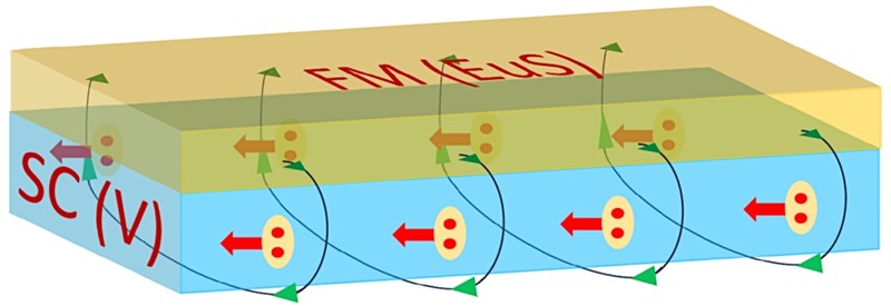 Supravodljiva dioda sastoji se od supravodljive trake (plavo) ispod feromagnetskog izolatora (narančasto). Magnetsko polje (zelene strelice) iz feromagneta inducira superstruje duž rubova supravodiča, koje utječu na neto struju (crvene strelice) koja teče kada se primijeni napon 📷 A. Varambally, Y. Hou i H. Chi / MIT
