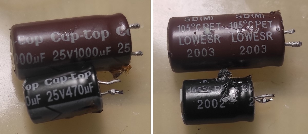Tako su ti kondenzatori izgledali kada smo iz odlemili iz PCB-a – nadamo se da brojke 2002 i 2003 ne predstavljaju godinu proizvodnje kondenzatora, jer novi zvučnici kupljeni su prije manje od tri godine